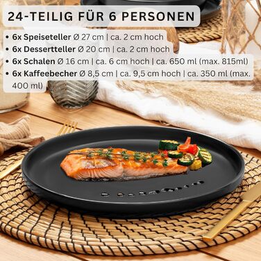 Набір посуду SÄNGER Madeira на 6 осіб, 30 предметів: тарілки, чашки, салатники, стеатовий фарфор, чорний, для мікрохвильовки та посудомийної машини | VALUE COLLECTION