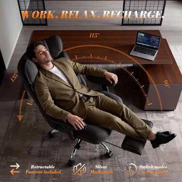 Ергономічний офісний крісло Efomao XXL до 200 кг з підставкою для ніг, чорний. Крісло для дому та офісу з товстою подушкою та високою спинкою.