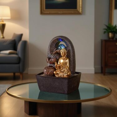 Джерело води Zen'Light від Zimmerbrunnen з Буддою та LED-підсвічуванням. Сучасна декорація для медитації та релаксації. Об'єкт Фен-Шуй, висота 26 см, колір горіх (Bhava)