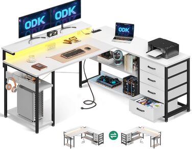 Кутовий письмовий стіл ODK з ящиками, розетками, USB, LED, білий, 135110см для домашнього офісу