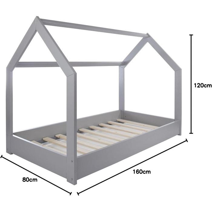 Ліжко-домік Velinda для дітей, ліжко-ігровий будиночок, односпальне ліжко, скандинавський дизайн (сірий колір)