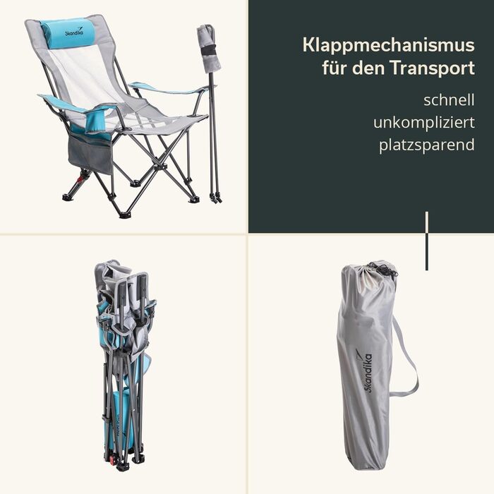 Кемпінгове крісло Skandika Toras з підставкою для ніг складний, функція відкидання, компактний розмір рюкзака, розкладне крісло з підсклянником, регульована спинка Крісло для кемпінгу на відкритому повітрі, фестиваль, риболовля (сірий/синій)
