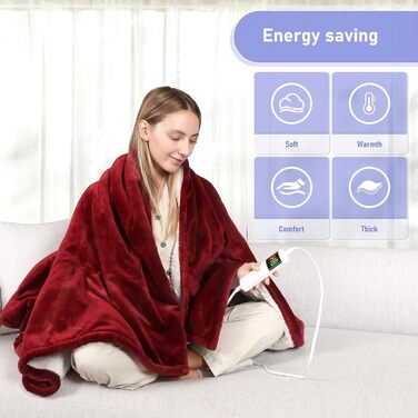 Електрична гріюча ковдра з автовимкненням, 130x180 см, 10 режимів нагріву, таймер 8 годин, захист від перегріву, фланель, машинне прання, для дому та офісу, червона, 130 x 180 см