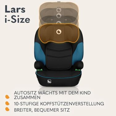 Автокрісло Lionelo Lars I-Size для дітей 100-150 см, група 2/3, боковий захист, регулювання підголівника, зручні підлокітники, знімна спинка (зелений туркіс)