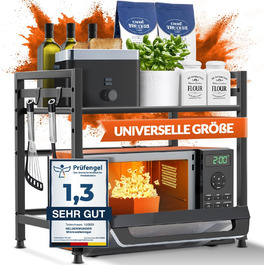 Підставка для мікрохвильової печі та кухонна полиця, сталева, 2-ярусна | Підставка для мікрохвильовки, шафка для мікрохвильовки, полиця для зберігання, полиця пекаря | Регульована висота та довжина, інструкція у відеоформаті, гачки - Чорний колір, 2 яруси