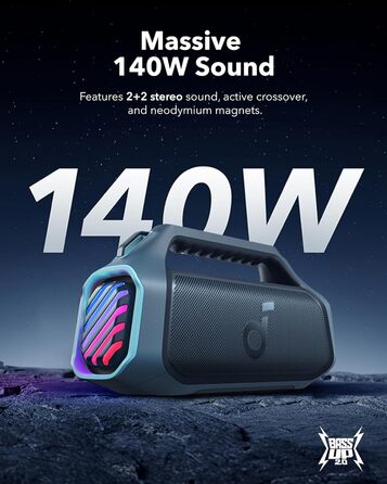 Soundcore Boom 2 Plus - портативна Bluetooth колонка, 140W, IPX7, RGB, Power Bank, BT 5.3 (синій)