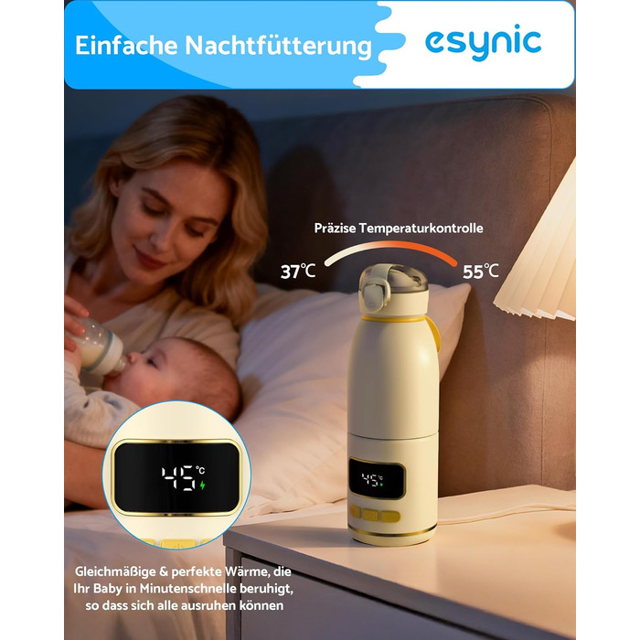 eSynic Підігрівач для пляшечок 450 мл з акумулятором 15000mAh, нержавіюча сталь 316, швидкий нагрів за 2-3 хв, для грудного молока та води, USB-C, BPA-free, для подорожей та нічного годування