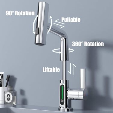 Змішувач для кухні з висувним душем, LED-дисплеєм, обертається на 360, регулюється по висоті (хром)