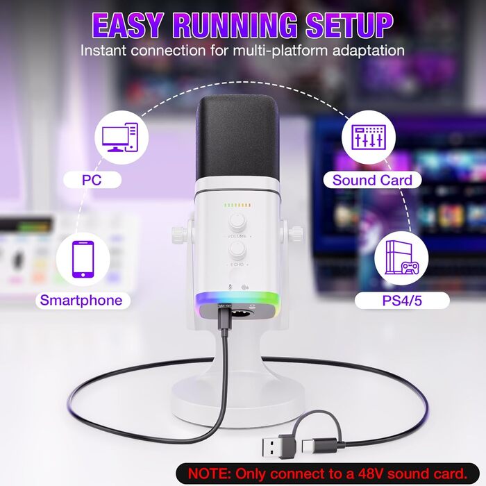 Мікрофон Facmogu для подкастів та стрімінгу, USB/XLR, з RGB-підсвічуванням та регулюванням гучності, білий
