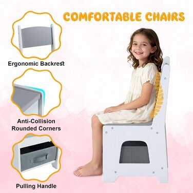 Дитячий стіл LIFEZEAL 3 в 1 з 2 стільцями: стіл для малювання, активностей та обідній стіл. Дерев'яна дитяча група з місцем для зберігання (світло-сірий)