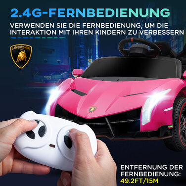 Електромобіль HOMCOM для дітей, ліцензійна модель Lamborghini Veneno, швидкість до 3-7 км/год, двері-крила, музичний плеєр, пульт дистанційного керування, рожевий