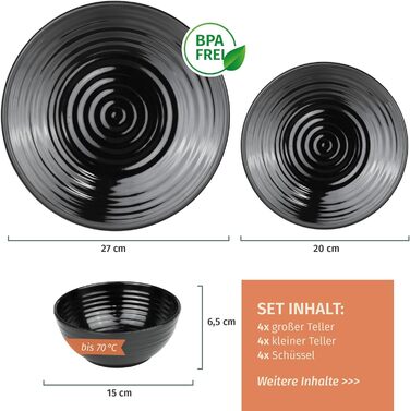 Набір посуду для кемпінгу Melamin 4 особи Stone + 4 чашки Stone (12 предметів + 16 склянок, чорний)