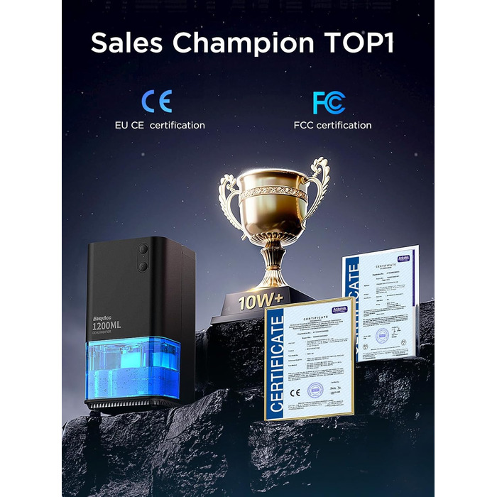 EasyAcc Електричний осушувач повітря 1200 мл, компактний, тихий, портативний, з автовимкненням та режимом сну. Ідеально для офісу та дому. Чорний колір.