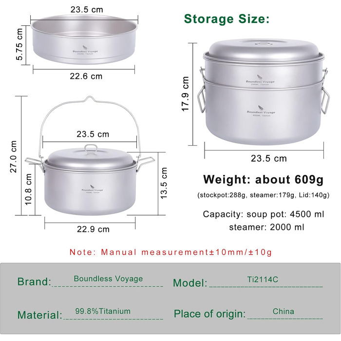 Набір посуду iBasingo 4.5L та 2L: каструля, пароварка, для кемпінгу, пікніка, туризму. Підходить для 3-5 осіб.