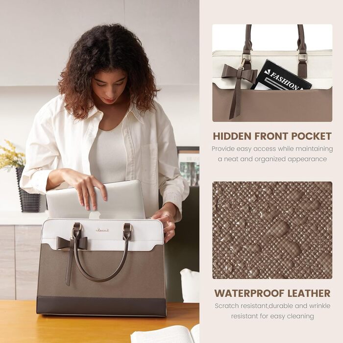 Сумка LOVEVOOK для жінок, 15.6 дюймів, лаптоп-сумка, робоча сумка, елегантна, універсальна, шкіряна, для школи, офісу, ділових поїздок (15.6 дюймів, хакі-беж)