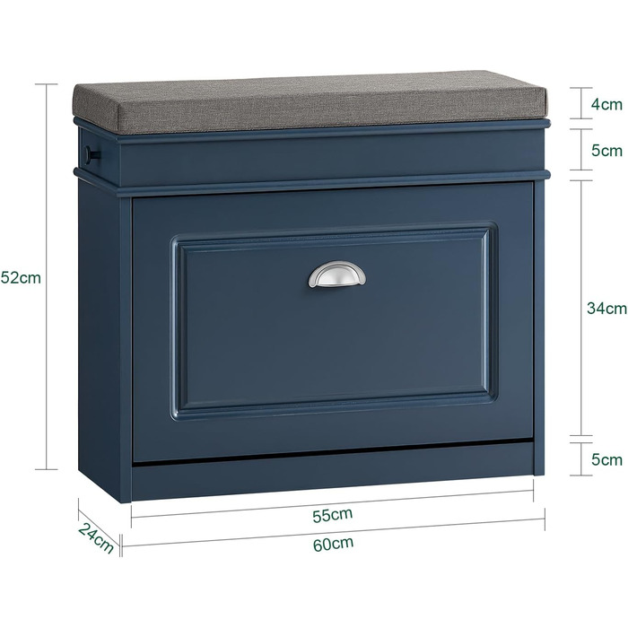 Полка для взуття SoBuy з сидінням та місцем для зберігання, вузька, 60x51x24 см, FSR82-K-HG (Короткий, Синій)