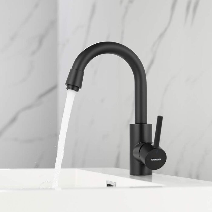 Змішувач для ванної кімнати GRIFEMA - поворотний на 360°, одноlever, нержавіюча сталь, 180 мм, гаряча та холодна вода, економія води, проста установка, з'єднання 3/8″, для гостьового туалету, G1002A (Чорний)