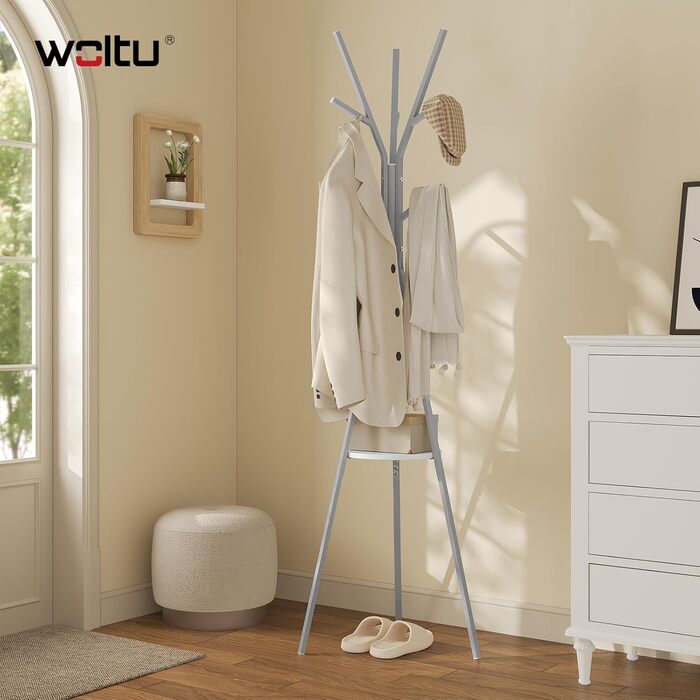 Вільна стійка для одягу WOLTU у вигляді дерева, металева, з полицею та 9 гачками, для одягу, шапок та сумок, біла