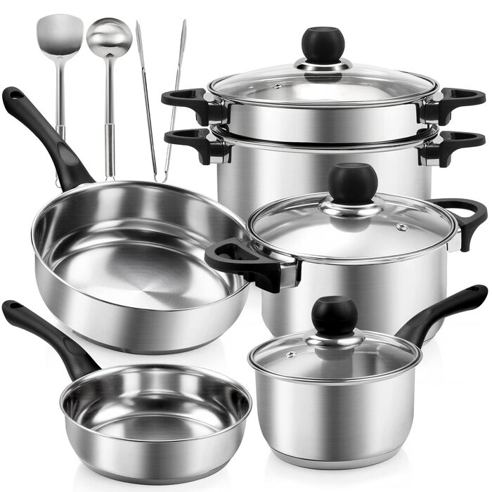 Набір каструль 6 шт. з нержавіючої сталі для індукційних плит, Cookware Set, з кришкою та захистом від опіків, сумісний з усіма типами плит, не має покриття, придатний для миття в посудомийній машині