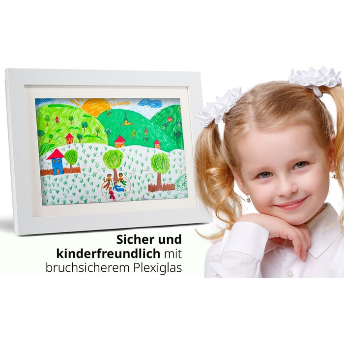 Рамки для дитячих малюнків KIYARI A4, 2 шт., білі, розкладні, з фронтальною відкриттям, для 150 малюнків, міцне дерево, безпечне скло, ідеально для творчих проектів, дитячої кімнати та школи