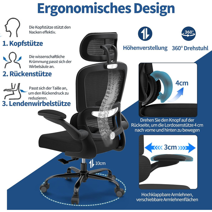 Ергономічне крісло TRALT для офісу з регульованою поперековою підтримкою та підголівником. Ігрове крісло, офісне крісло для дому та офісу. Максимальне навантаження 150 кг, чорний колір.