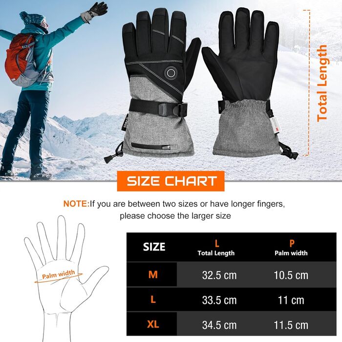 Обогревні рукавички COREEDGE 7.4V 3000Ah для чоловіків, нагрівальні рукавички для катання на сноуборді, лижах, велосипеді, риболовлі (L, чорний)