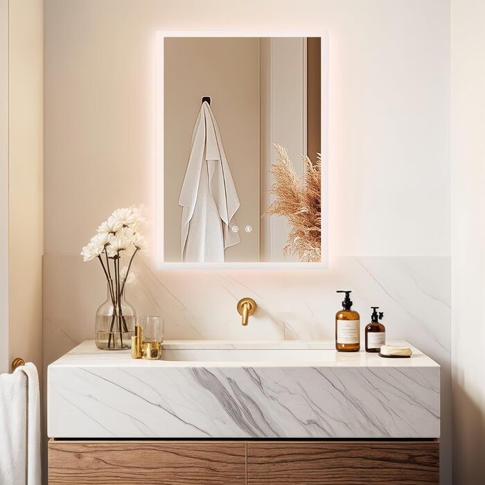 Дзеркало для ванної кімнати LUVODI з підсвічуванням 40x50 см: регульоване LED дзеркало з 3 кольорами світла, 2 сенсорні кнопки, запобігає запотіванню, водонепроникне, монтаж на стіну (70L x 50B см)