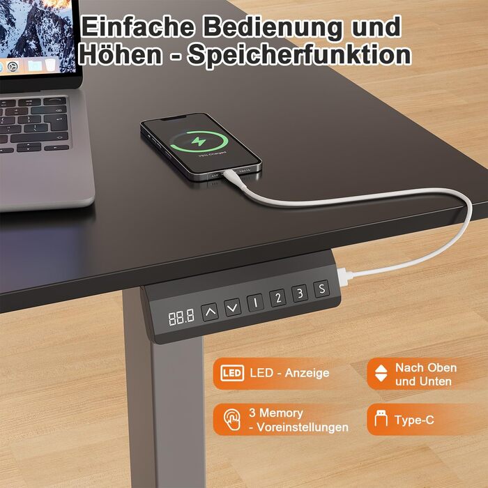 Регульований стіл JUMMICO з міцним металевим каркасом та 2 моторами, 3 пам'яті, для стояння та сидіння (білий), 100 x 140 см, сірий