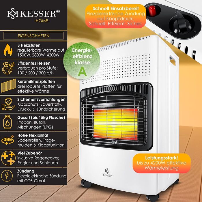 Газовий обігрівач KESSER 4200W з керамічним нагрівачем, регулятором, шлангом та захисним кожухом. Підходить для бутану/пропану до 15кг. Чорний