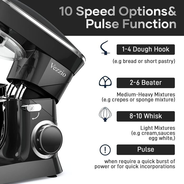 Кухонна машина Vezzio 1500W з чашею 8.5л з нержавіючої сталі, 10 швидкостей, для замішування та збивання тіста (чорна)