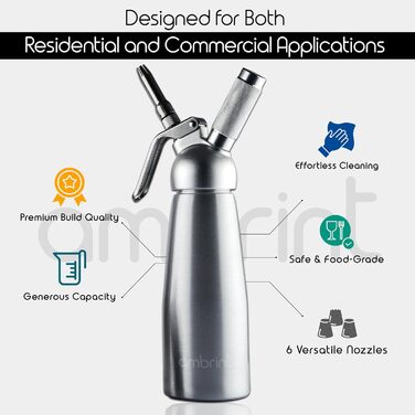 Дозатор для збитого вершку: міцний алюмінієвий кантер з 6 насадками (нержавіюча сталь & пластик), щітка для чищення та сумка для зберігання. Преміум-дозатор для домашніх десертів