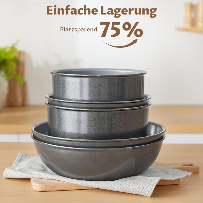 Набір каструль BEZIA 17 предметів з знімним ручками, антипригарне покриття кераміки, набір для індукційних плит, підходить для всіх типів плит, складається, набір каструль Induktion, посуд для кемпінгу, придатний для духовки (темно-сірий)