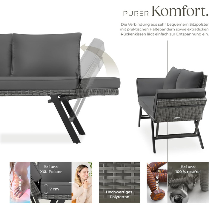 Садовий диван-шезлонг Tectake з ротангу, сірий - вуличні меблі для відпочинку з функцією сну та відкидними підлокітниками