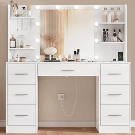 Дзеркальний туалетний столик TEENFON з LED-підсвіткою, 7 ящиками та 4 відкритими полицями, білий