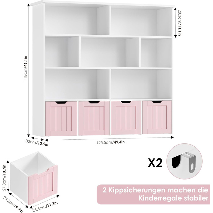 Дитяча полиця FOREHILL з коробками на колесах, 4 яруси, меблі для дитячої кімнати, іграшковий та книжковий стеллаж, рожевий, 125.5x33x118 см