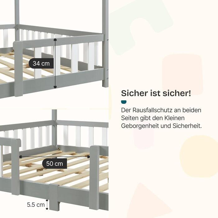 Дитяче ліжко Treviolo Hausbett від en.casa: дерев'яне ліжко Montessori з захистом від падіння, 120x200 см