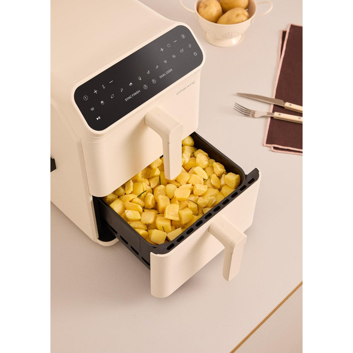 Фритюрниця без олії повітряного приготування 4.2L з пароваркою / Об'єм 5-6 порцій, 6 програм, скляна корзина, регулювання часу та температури, 1300W (11.2L ДУАЛЬНА СТАК, Кремовий білий)