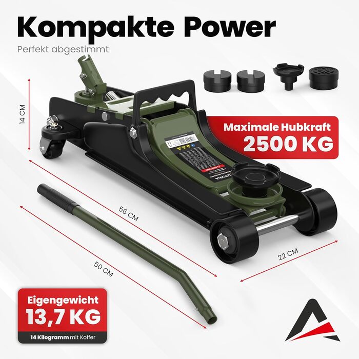 Гідравлічний домкрат Wagenheber 2.5T низькопрофільний для легкових авто та авто з низькою посадкою, зелений оливковий, до 2500 кг, з кейсом та 3 гумовими накладками