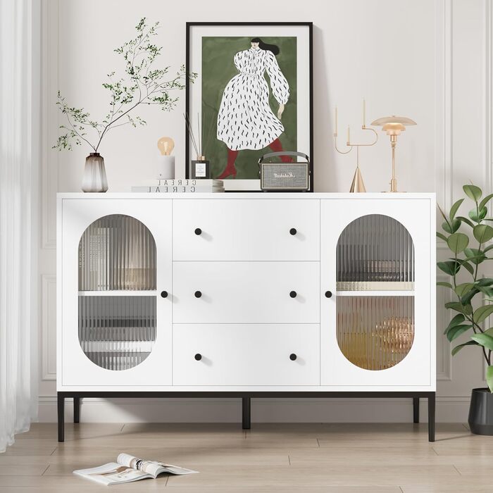 Буфет-шафа FirFurd 120 см білий з робочою поверхнею, 2 скляні дверцята та 3 висувні ящики для кухні, вітальні, їдальні. Розміри: 120x38x80 см