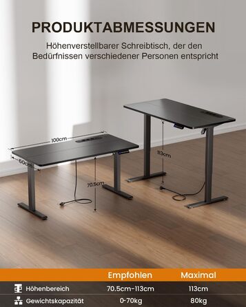 Регульований стіл з підняттям USB-портами та розеткою, 100 x 60 см. Електричний стіл, комп'ютерний стіл з пам'яттю 3-ох функцій, білий колір (чорний, 100 x 60 см)