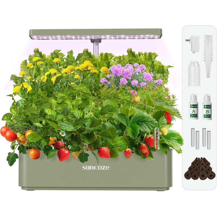 SUNCOZE Гідропонна система вирощування, набір для вирощування трав в приміщенні з LED-лампою, Smart Garden на 12 капсул, 4L резервуар для води, регульована висота, тиха інтелектуальна помпа, для дому, кухні (зелений)