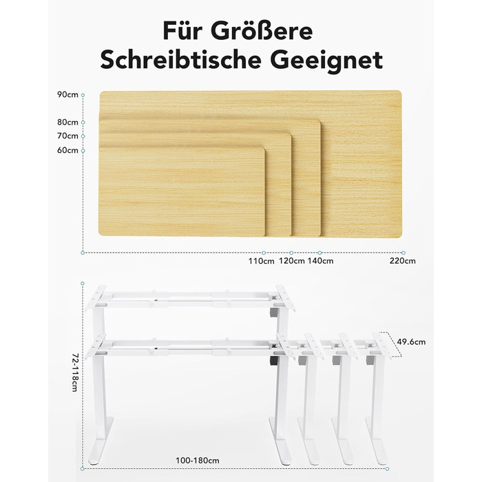 Регульований стіл-рама HUANUO з безщітковим мотором, вантажопідйомність 100 кг, для стільниць 110x200 см (тільки рама, білий)