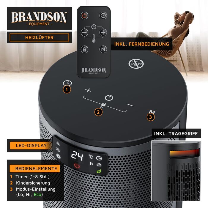 Обігрівач Brandson з дистанційним керуванням, 1500 Вт, 2 режими, ECO, захист від перекидання та перегріву