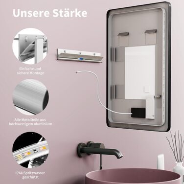 Дзеркало для ванної кімнати HOKO LED Texas 60x80 см / 80x60 см з підсвіткою, підігрівом проти запотівання та чорним металевим каркасом. Можливість встановлення HOCH+QUER. Сенсорне керування, зміна кольору світла 2700-6500K (тепле біле - холодне біле - ней