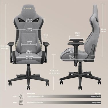 Ігровий крісло KARNOX Legend: ергономічний racing стілець для геймерів з регулюванням кута нахилу 155° та підтримкою попереку. Чорний/сірий (світло-сірий, великий)