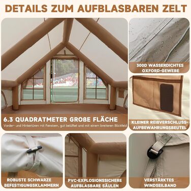 Надувний кемпінговий намет з димоходом та вікном, для 2-10 осіб з насосом, Oxford тканина, швидкозбірний, всесезонний