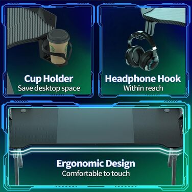 Ігровий стіл 120x60 см, A-Frame, з тримачем для напоїв та гачком для навушників, карбонове покриття, стабільний, ергономічний для дому та офісу, з LED підсвічуванням (140x60 см)