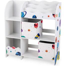 Дитяча полиця SOARS, органайзер для іграшок з 2 ящиками для зберігання, 5 відділеннями та 2 відкритими полицями, полиця для іграшок, книжкова шафа, полиця біла дитяча, спальня (космонавт)