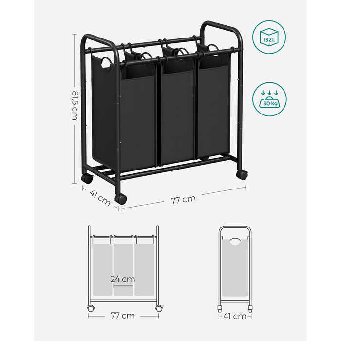 Кошик для білизни SONGMICS 3 відділення, з колесами, ручками, знімними тканинними кишенями, чорний LSF003B