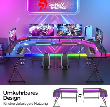 Ігровий стіл SEVEN WARRIOR з LED-підсвічуванням, розетками, моніторний стійка, 2 гачки, L-подібний, 147 см